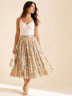 Vintage Pleated Floral Midi Skirt Satin Fairycore Cottagecore Sz L